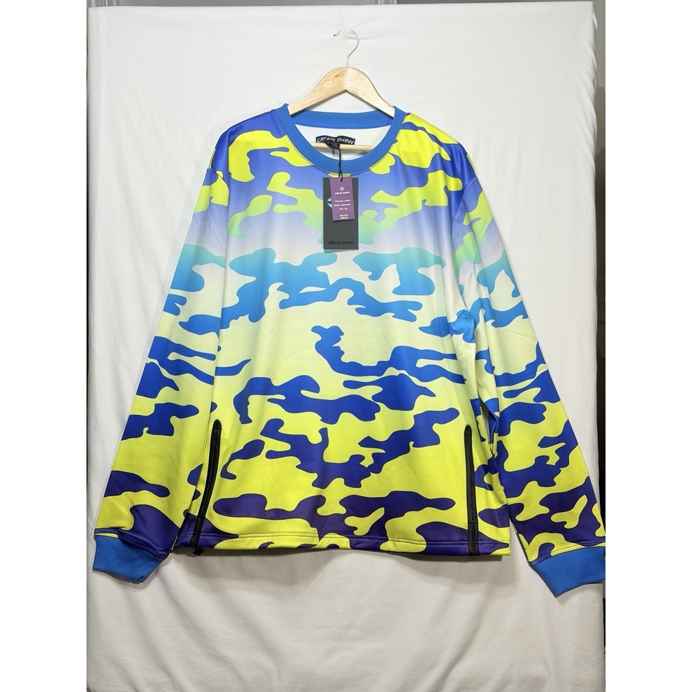 Create 2MRW Blue Camo Crewneck Sweatshirt 2XL Neon Streetwear Pullover NWT